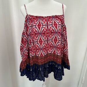 Boho adjustable strap, cold shoulder, red, white, and blue top medium